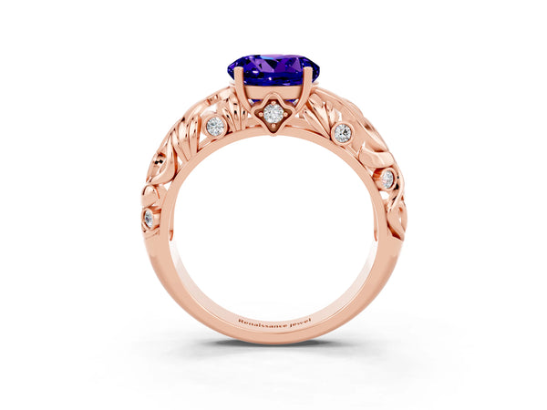 Rose gold Round Cut Solitaire Tanzanite Leaf-Inspired Vine Band Ring with Prong Setting