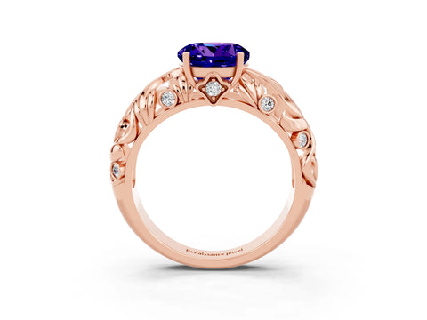Rose gold Round Cut Solitaire Tanzanite Leaf-Inspired Vine Band Ring with Prong Setting_3