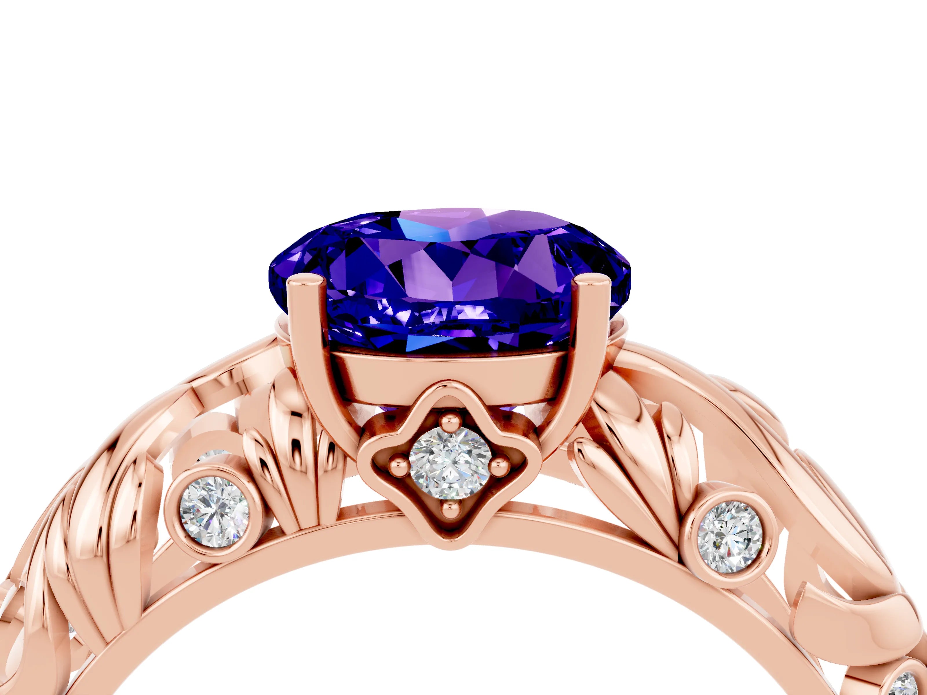 Rose gold Round Cut Solitaire Tanzanite Leaf-Inspired Vine Band Ring with Prong Setting_4