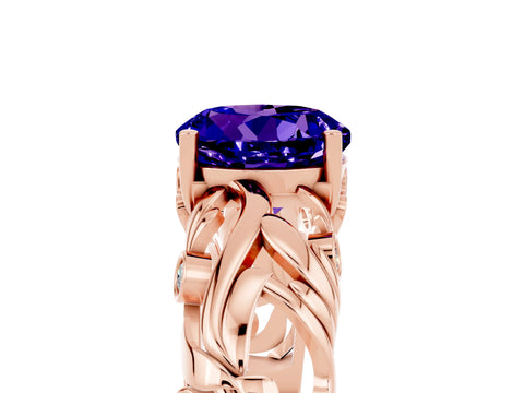 Rose gold Round Cut Solitaire Tanzanite Leaf-Inspired Vine Band Ring with Prong Setting_5