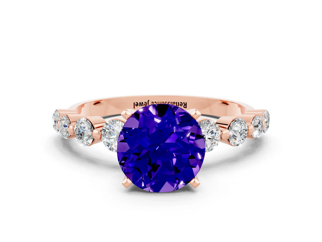 Rose gold Round Cut Solitaire Tanzanite Ring with Pave Band and Four-Prong Setting