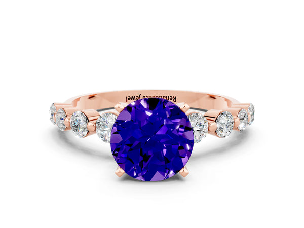 Rose gold Round Cut Solitaire Tanzanite Ring with Pave Band and Four-Prong Setting