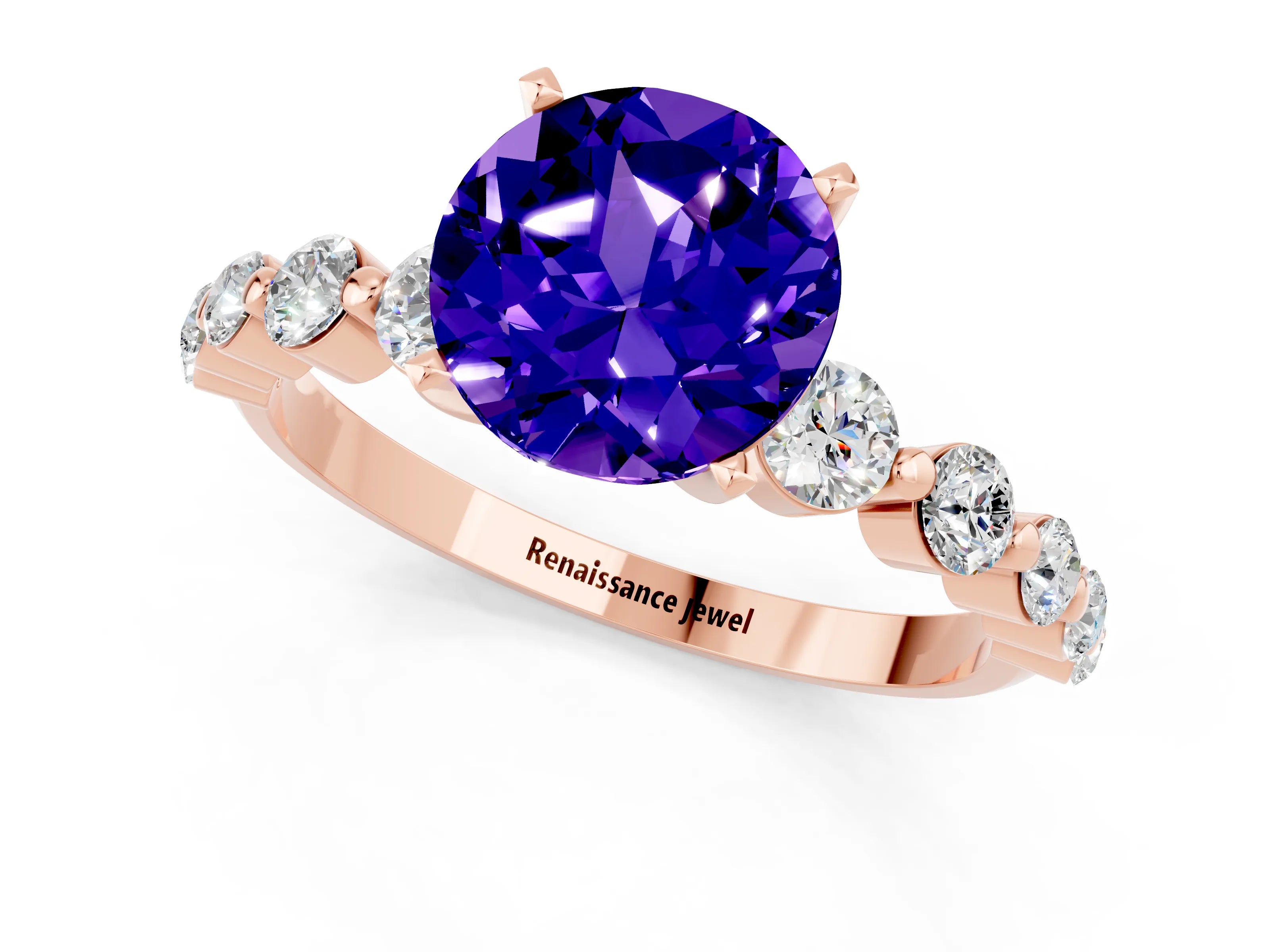 Rose gold Round Cut Solitaire Tanzanite Ring with Pave Band and Four-Prong Setting_1
