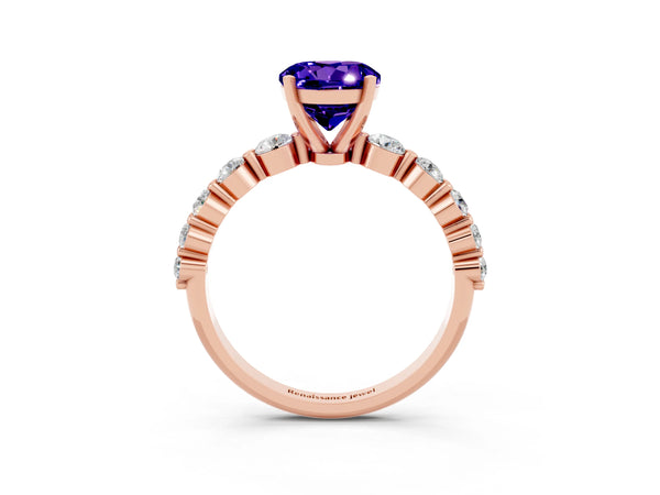Rose gold Round Cut Solitaire Tanzanite Ring with Pave Band and Four-Prong Setting