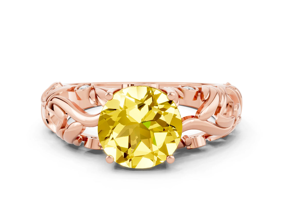 Rose gold Round Cut Solitaire Yellow Sapphire Leaf-Inspired Vine Band Ring with Prong Setting_24