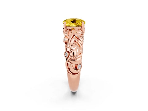 Rose gold Round Cut Solitaire Yellow Sapphire Leaf-Inspired Vine Band Ring with Prong Setting_26