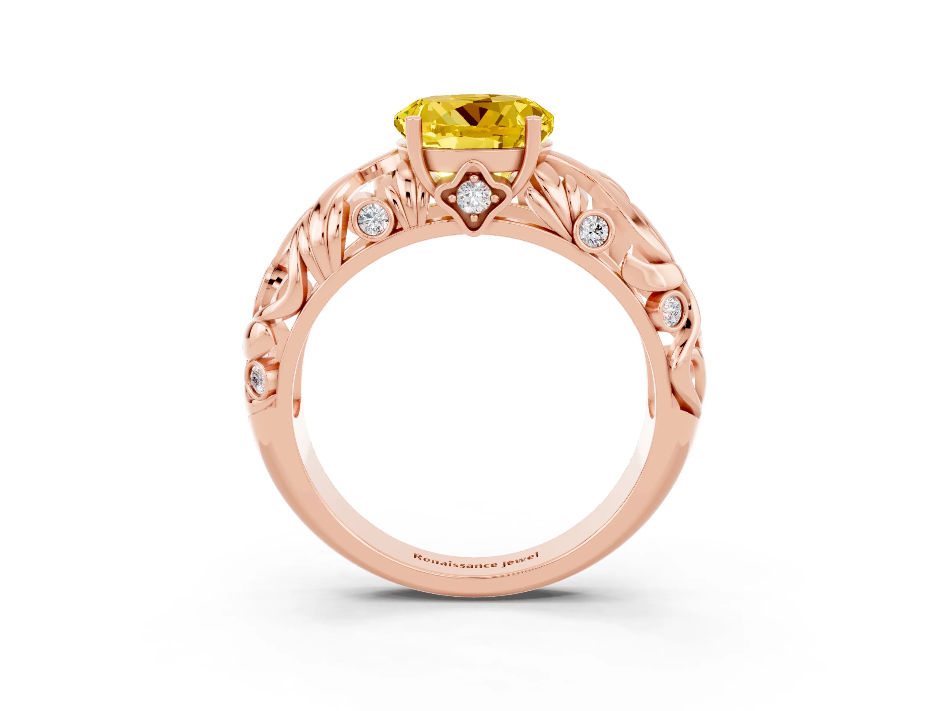 Rose gold Round Cut Solitaire Yellow Sapphire Leaf-Inspired Vine Band Ring with Prong Setting_27