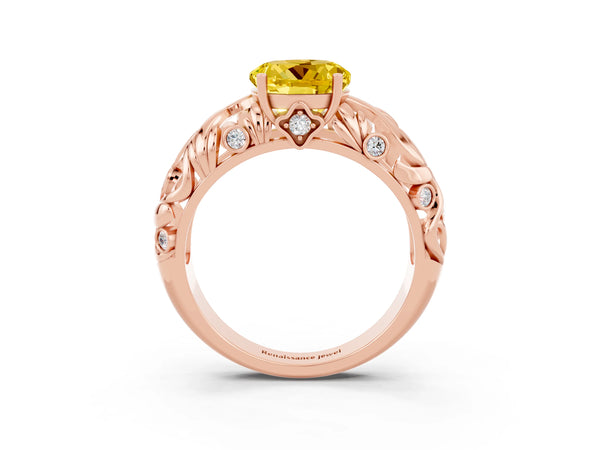 Rose gold Round Cut Solitaire Yellow Sapphire Leaf-Inspired Vine Band Ring with Prong Setting
