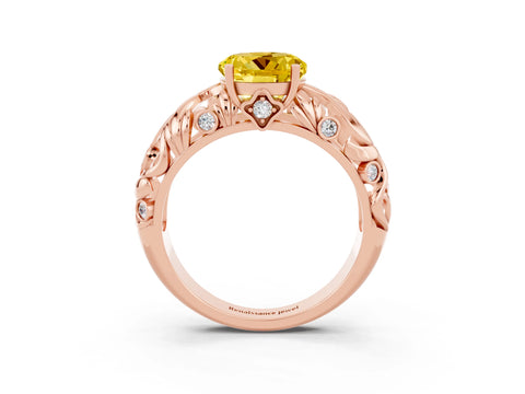 Rose gold Round Cut Solitaire Yellow Sapphire Leaf-Inspired Vine Band Ring with Prong Setting_27
