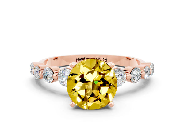 Rose gold Round Cut Solitaire Yellow Sapphire Ring with Pave Band and Four-Prong Setting