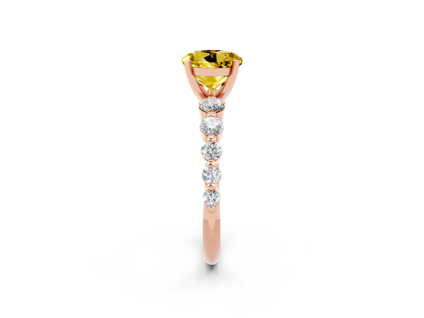 Rose gold Round Cut Solitaire Yellow Sapphire Ring with Pave Band and Four-Prong Setting