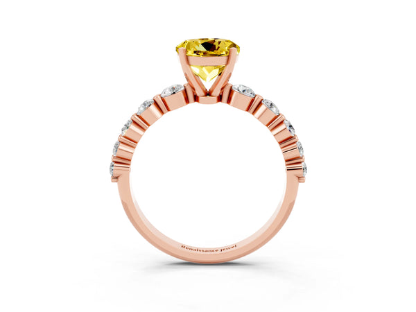 Rose gold Round Cut Solitaire Yellow Sapphire Ring with Pave Band and Four-Prong Setting