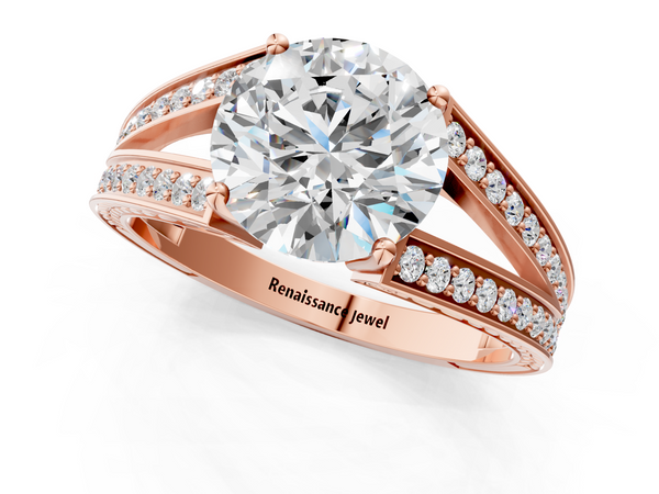 Rose Gold Round Split Shank Engagement Ring Setting with Pave Band and Engraved Sides
