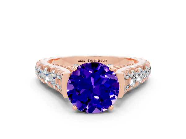 Rose gold Round Cut Tanzanite Classic Solitaire Ring with Pavé Band and Four-Prong Setting