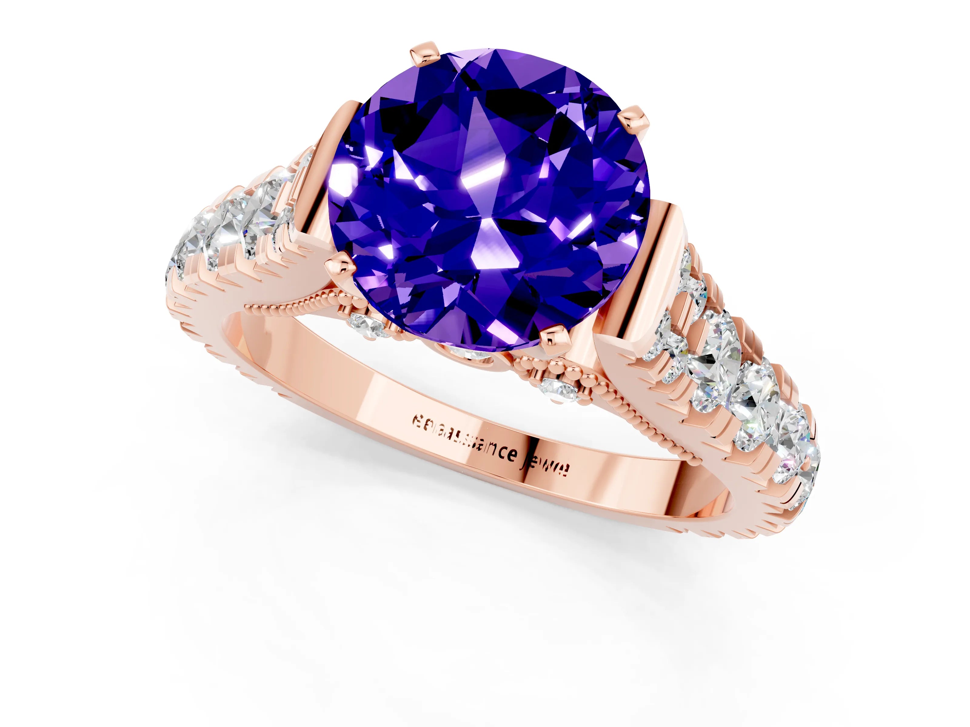 Rose gold Round Cut Tanzanite Classic Solitaire Ring with Pavé Band and Four-Prong Setting_1