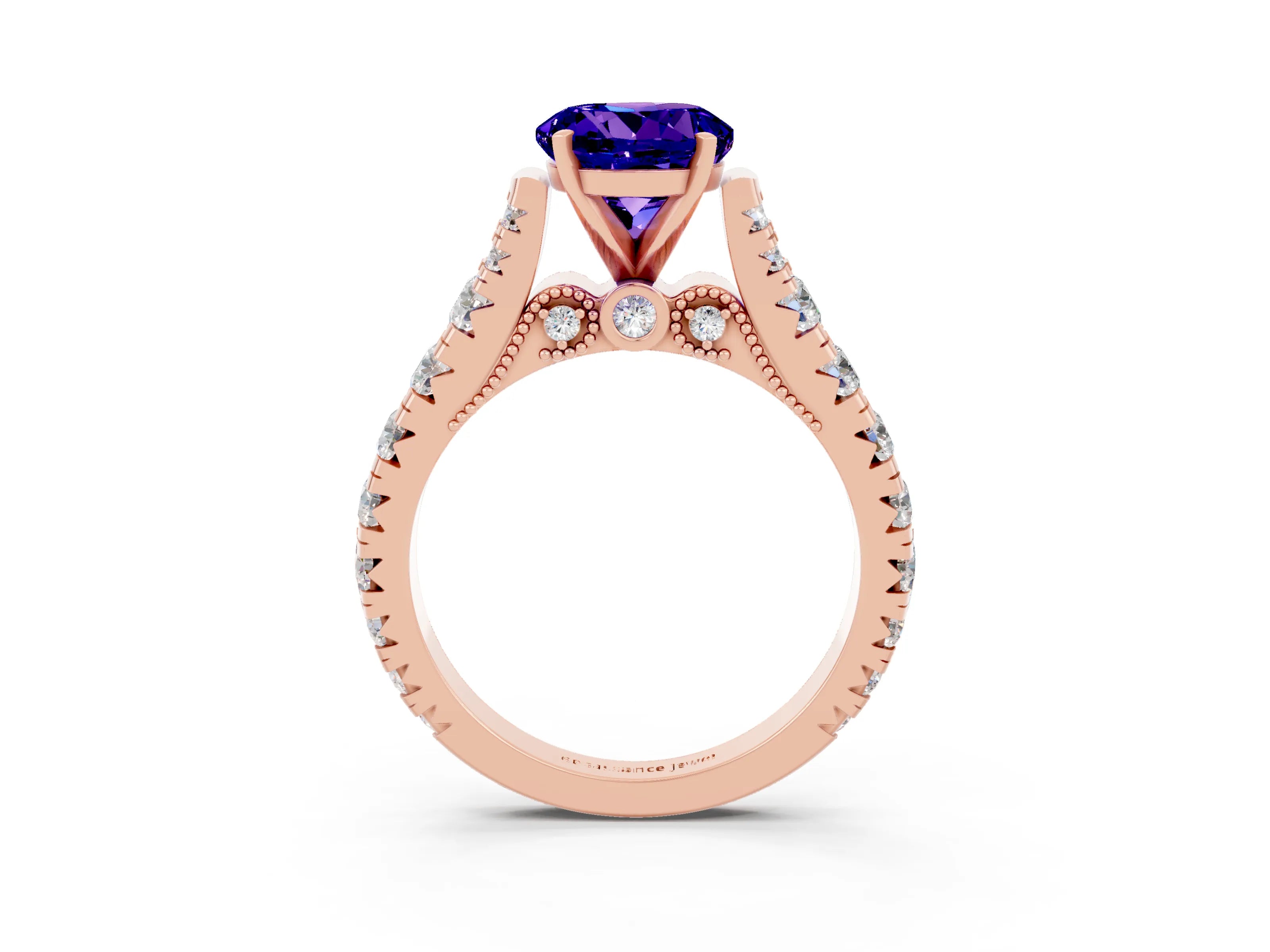 Rose gold Round Cut Tanzanite Classic Solitaire Ring with Pavé Band and Four-Prong Setting_3