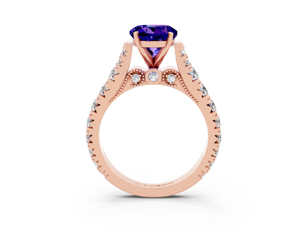 Rose gold Round Cut Tanzanite Classic Solitaire Ring with Pavé Band and Four-Prong Setting