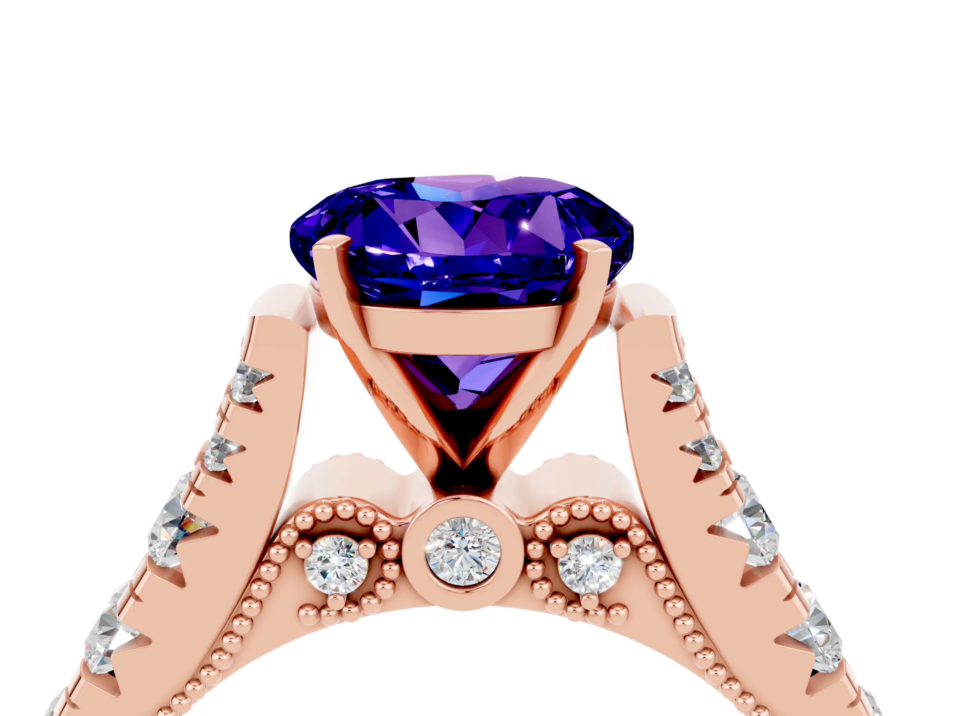 Rose gold Round Cut Tanzanite Classic Solitaire Ring with Pavé Band and Four-Prong Setting_4