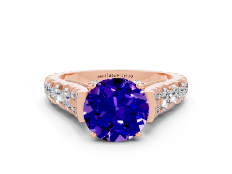 Rose gold Round Cut Tanzanite Classic Solitaire Ring with Pavé Band and Four-Prong Setting