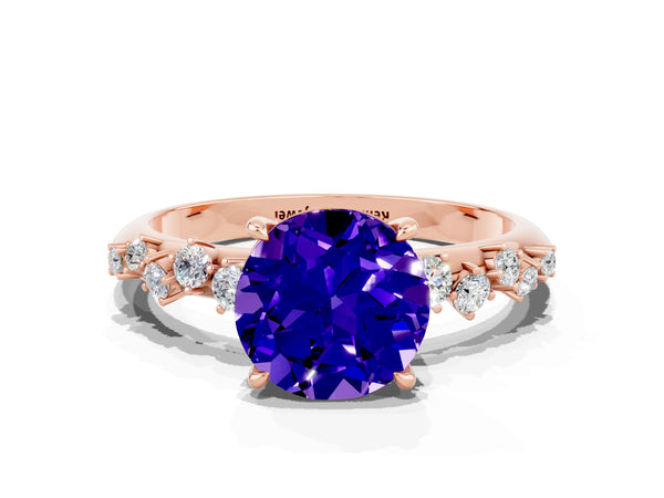 Rose gold Round Cut Tanzanite Cluster Side Stone Solitaire Ring with Prong Setting