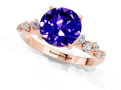 Rose gold Round Cut Tanzanite Cluster Side Stone Solitaire Ring with Prong Setting_25