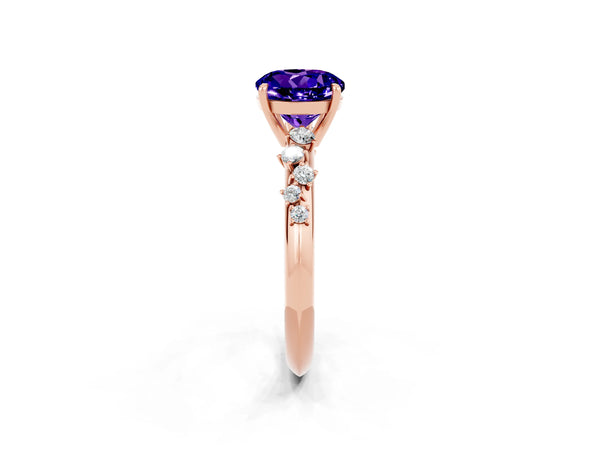 Rose gold Round Cut Tanzanite Cluster Side Stone Solitaire Ring with Prong Setting