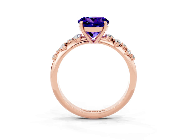 Rose gold Round Cut Tanzanite Cluster Side Stone Solitaire Ring with Prong Setting