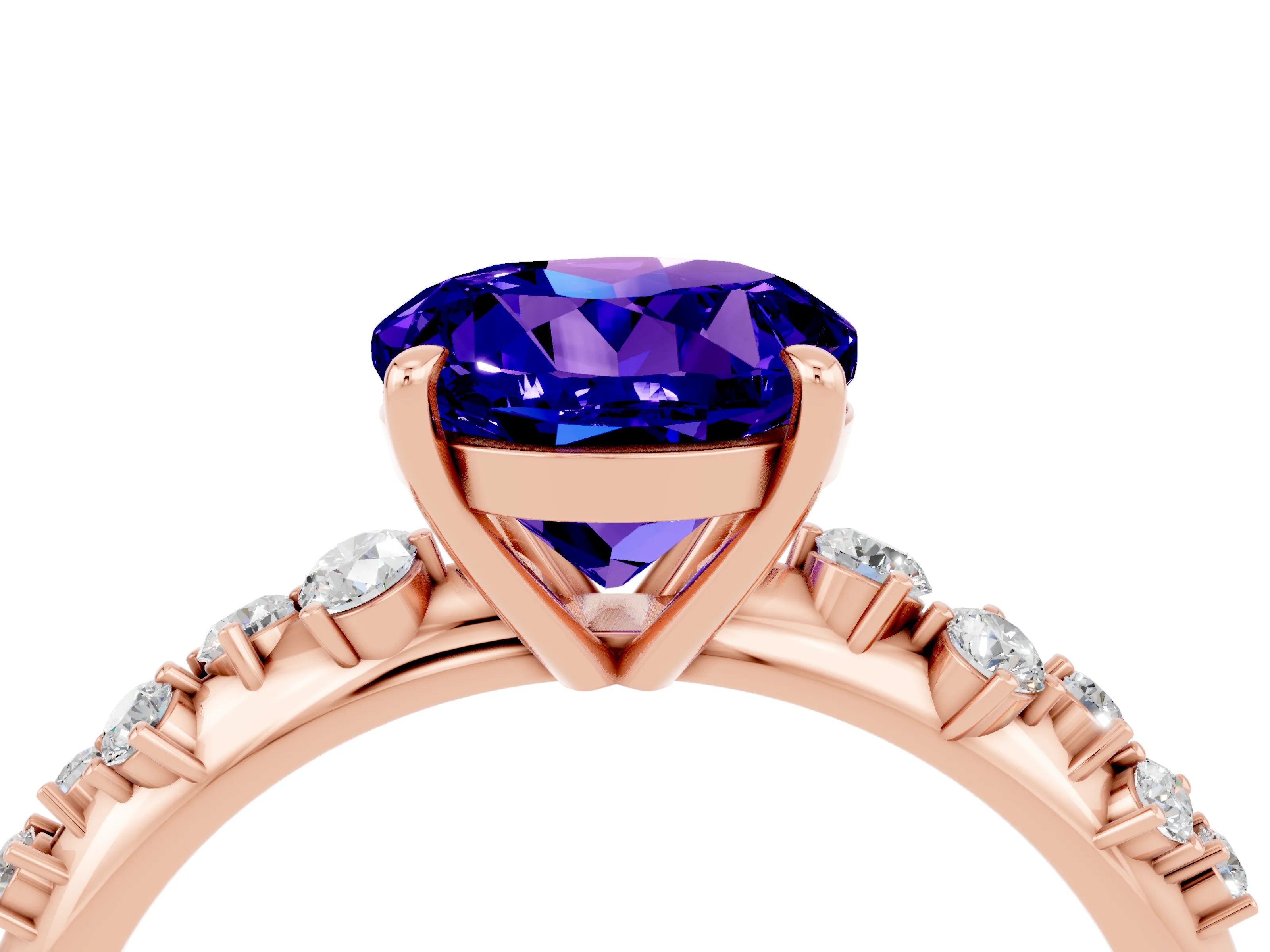 Rose gold Round Cut Tanzanite Cluster Side Stone Solitaire Ring with Prong Setting_28