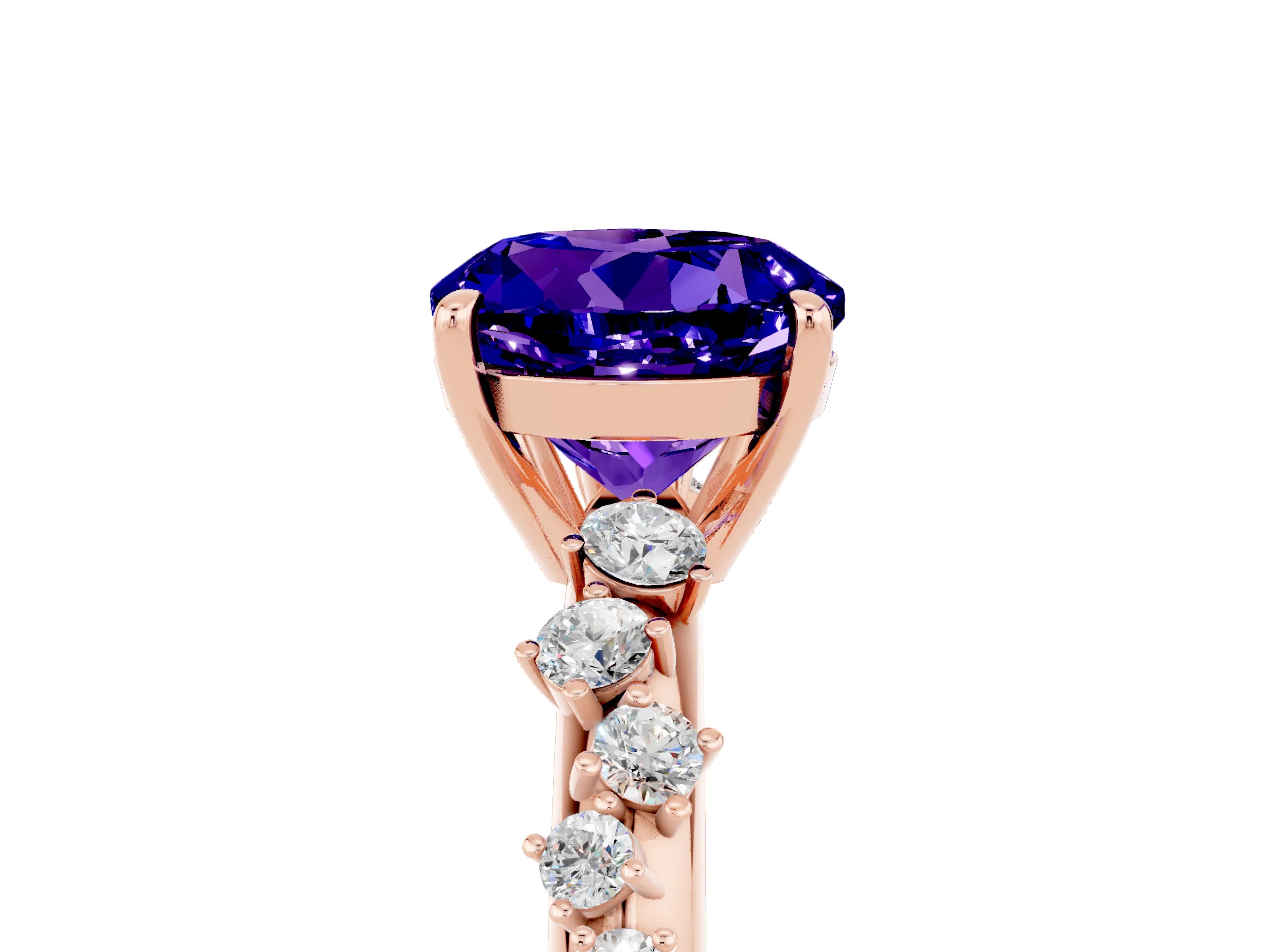 Rose gold Round Cut Tanzanite Cluster Side Stone Solitaire Ring with Prong Setting_29