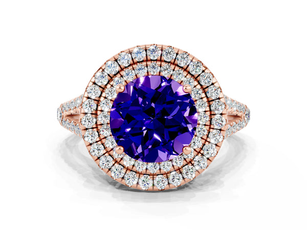 Rose gold Round Cut Tanzanite Double Halo Ring with Pavé Band and Prong Setting