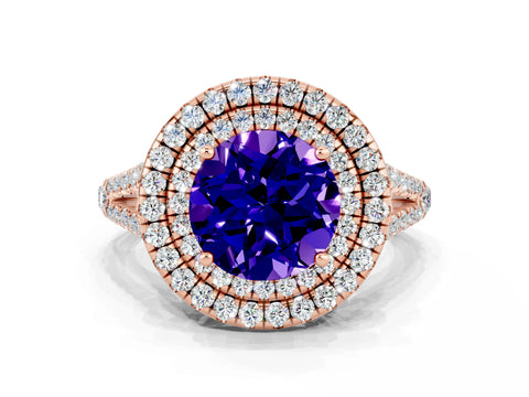 Rose gold Round Cut Tanzanite Double Halo Ring with Pavé Band and Prong Setting_12