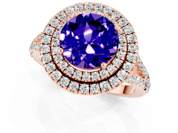 Rose gold Round Cut Tanzanite Double Halo Ring with Pavé Band and Prong Setting
