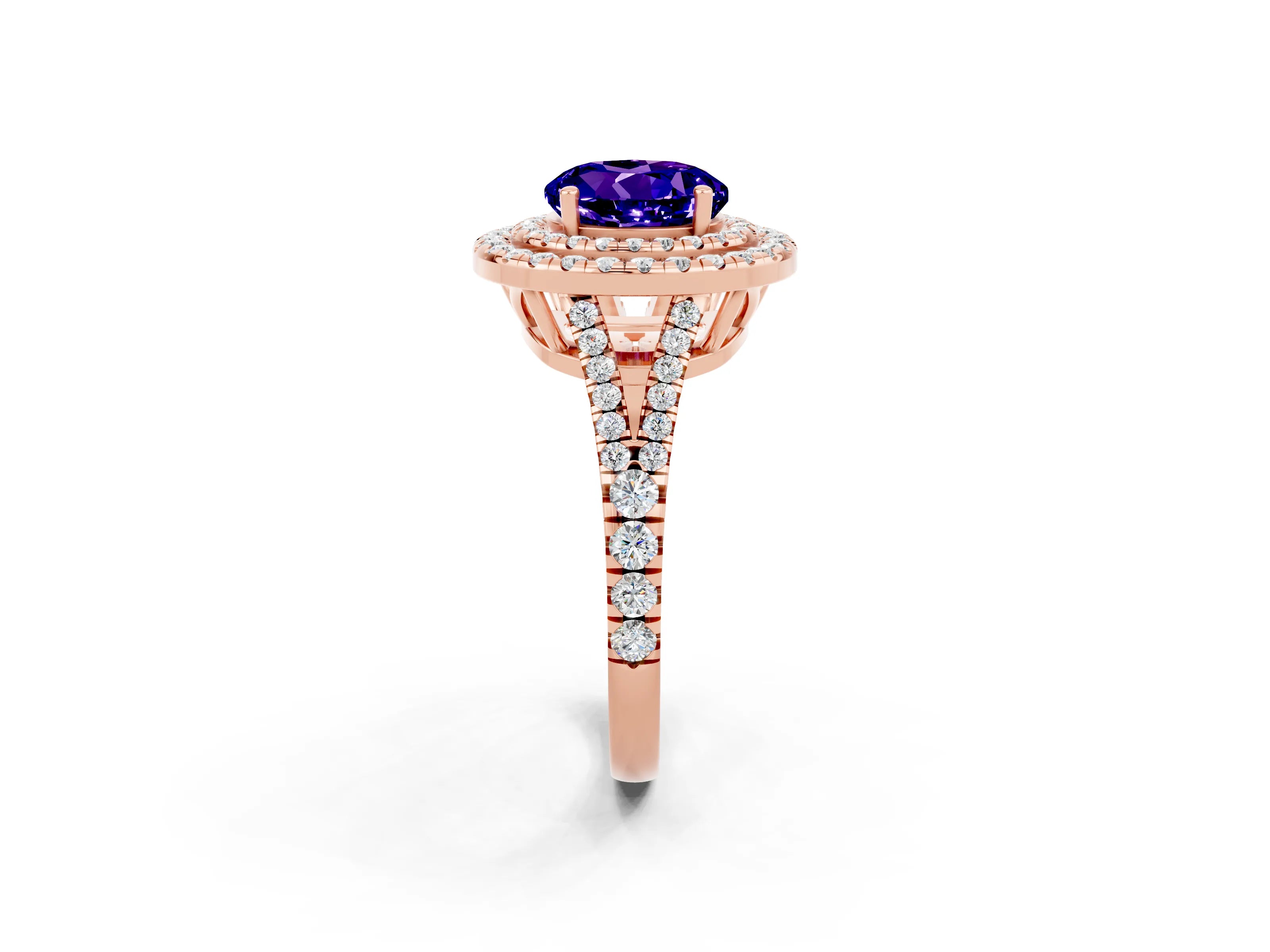 Rose gold Round Cut Tanzanite Double Halo Ring with Pavé Band and Prong Setting_14