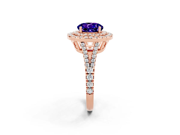 Rose gold Round Cut Tanzanite Double Halo Ring with Pavé Band and Prong Setting