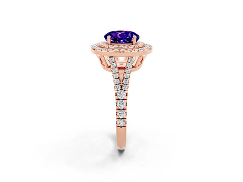 Rose gold Round Cut Tanzanite Double Halo Ring with Pavé Band and Prong Setting_14