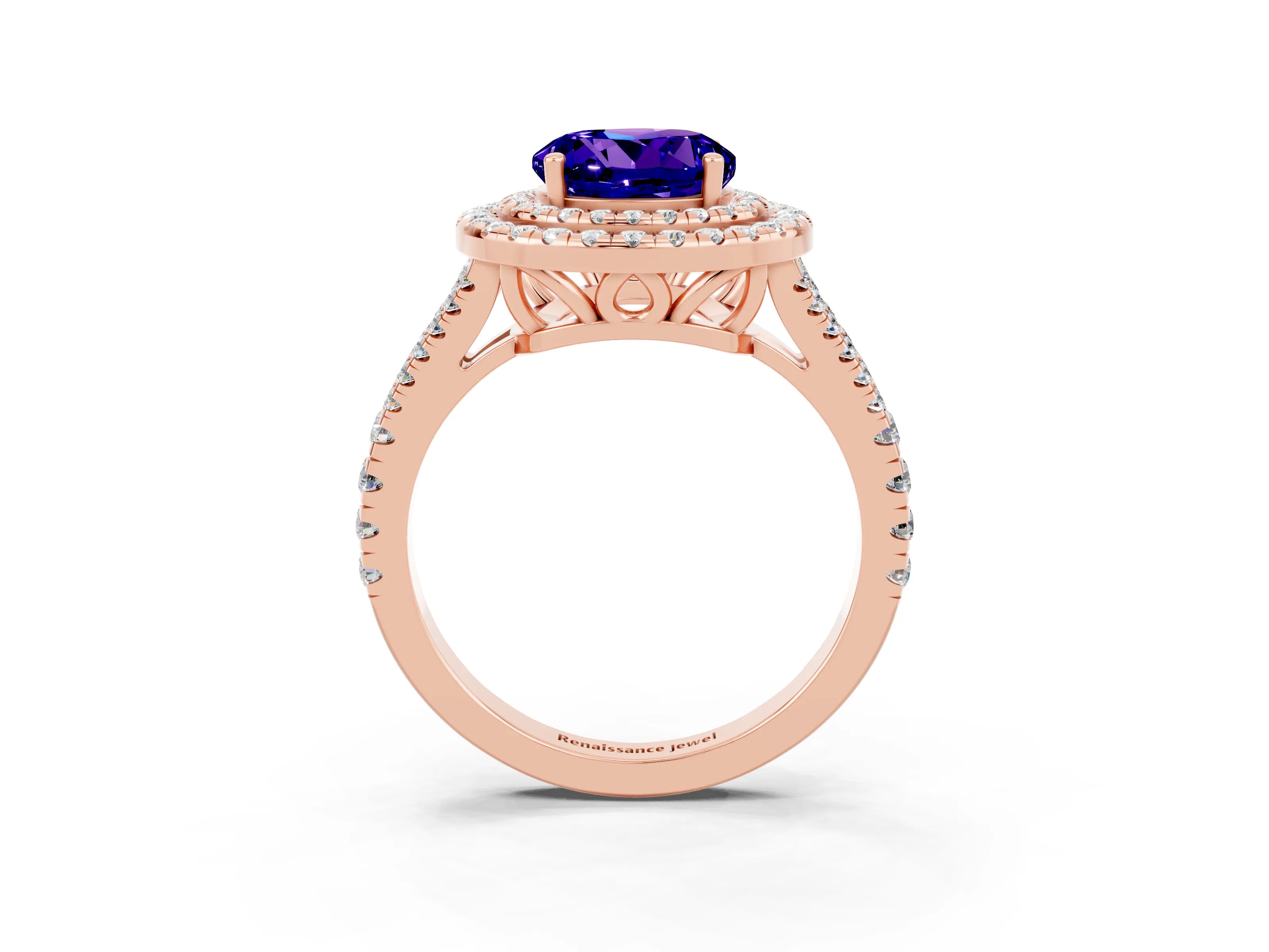 Rose gold Round Cut Tanzanite Double Halo Ring with Pavé Band and Prong Setting_15