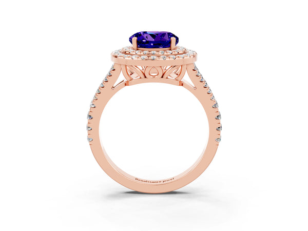 Rose gold Round Cut Tanzanite Double Halo Ring with Pavé Band and Prong Setting