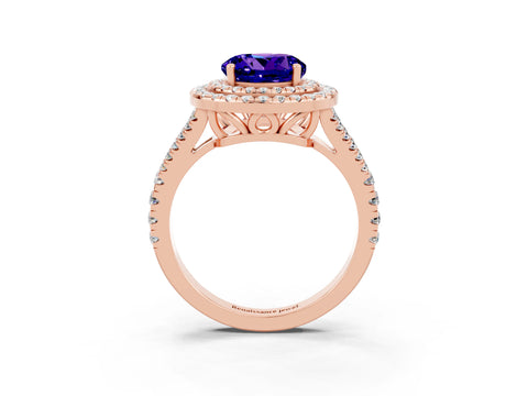 Rose gold Round Cut Tanzanite Double Halo Ring with Pavé Band and Prong Setting_15