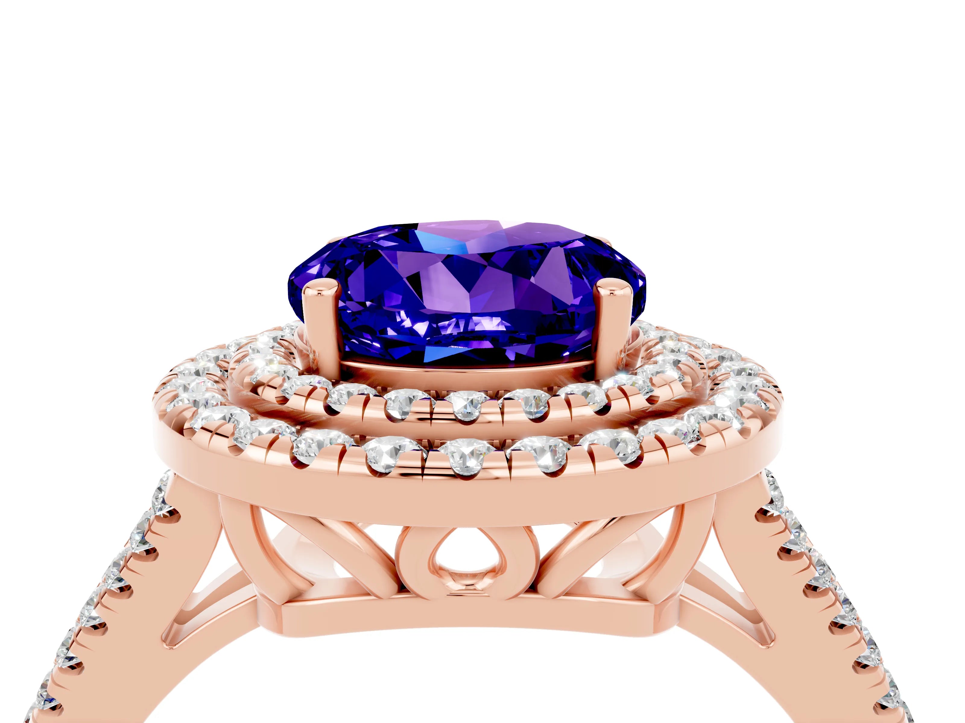 Rose gold Round Cut Tanzanite Double Halo Ring with Pavé Band and Prong Setting_16