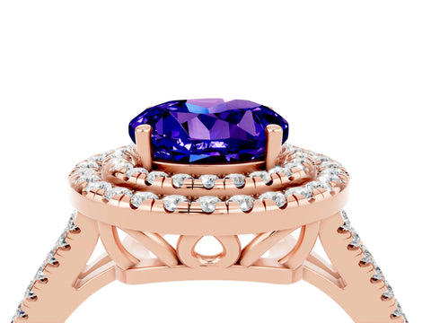 Rose gold Round Cut Tanzanite Double Halo Ring with Pavé Band and Prong Setting_16