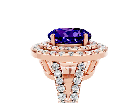 Rose gold Round Cut Tanzanite Double Halo Ring with Pavé Band and Prong Setting_17