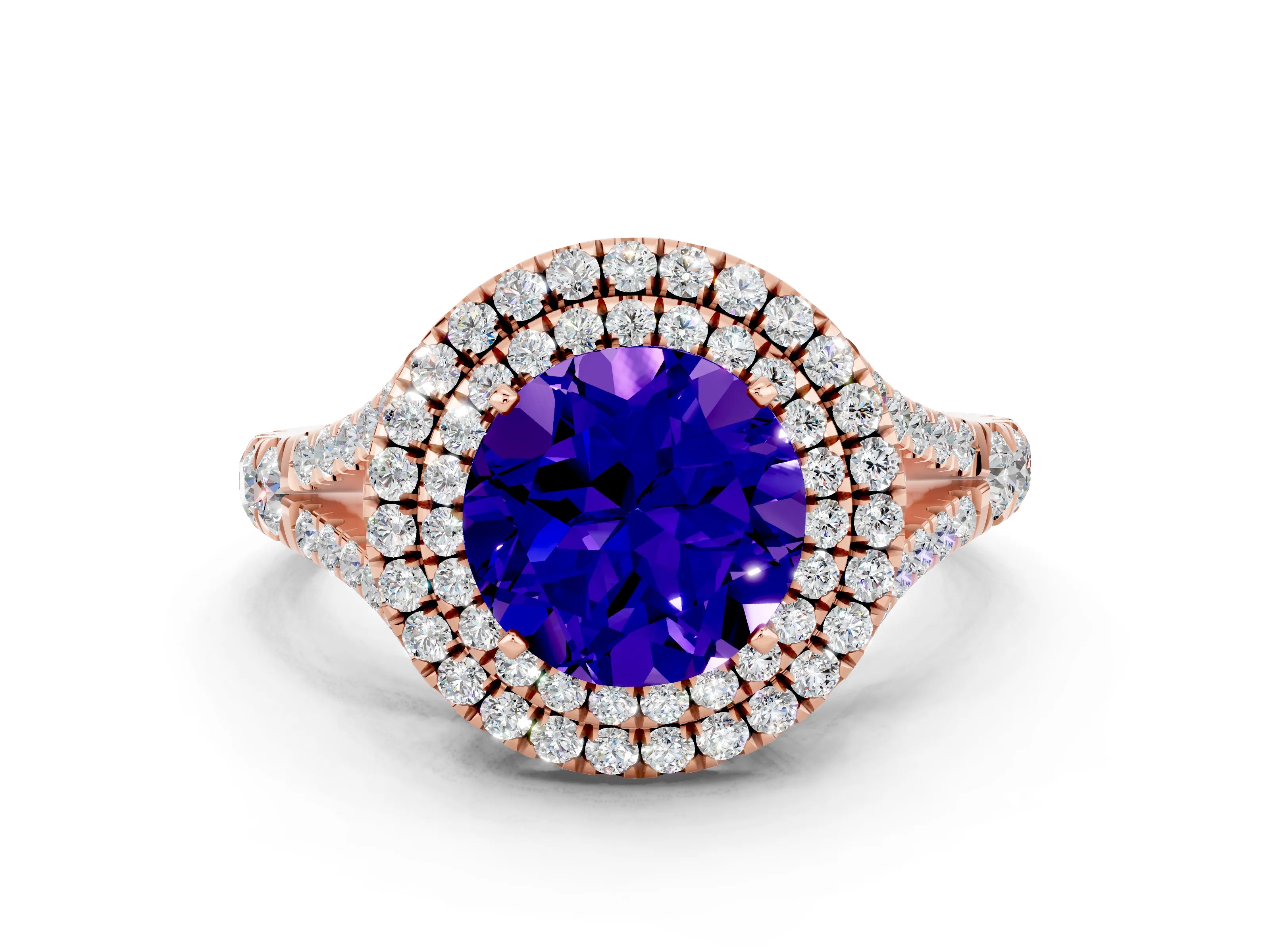 Rose gold Round Cut Tanzanite Double Halo Ring with Split Shank and Prong Setting_12