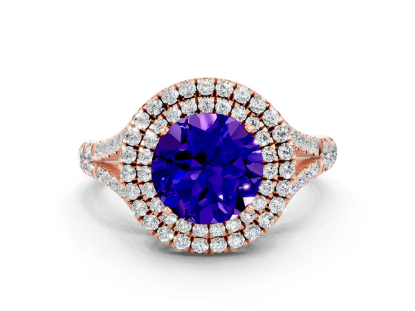 Rose gold Round Cut Tanzanite Double Halo Ring with Split Shank and Prong Setting