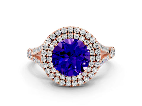 Rose gold Round Cut Tanzanite Double Halo Ring with Split Shank and Prong Setting_12
