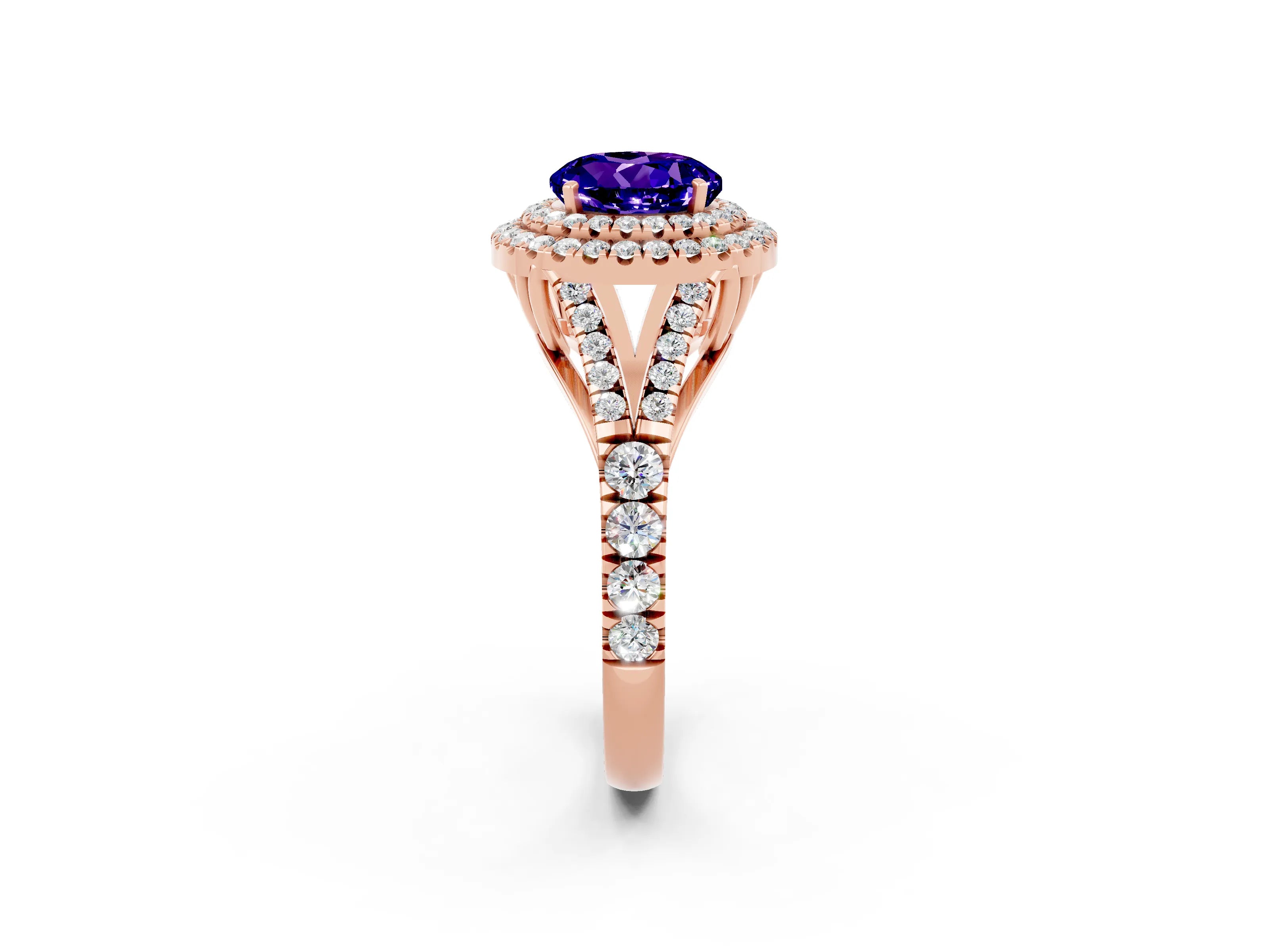 Rose gold Round Cut Tanzanite Double Halo Ring with Split Shank and Prong Setting_14