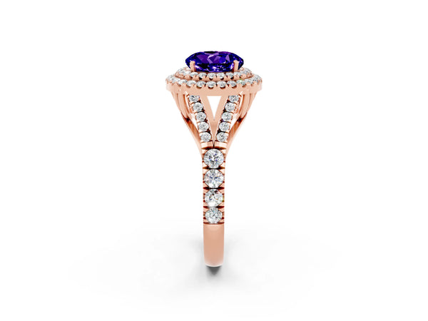 Rose gold Round Cut Tanzanite Double Halo Ring with Split Shank and Prong Setting