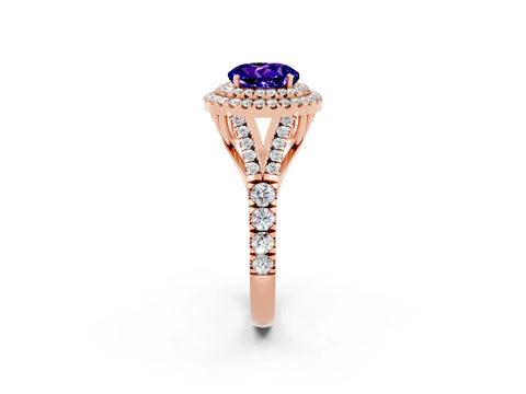 Rose gold Round Cut Tanzanite Double Halo Ring with Split Shank and Prong Setting_14