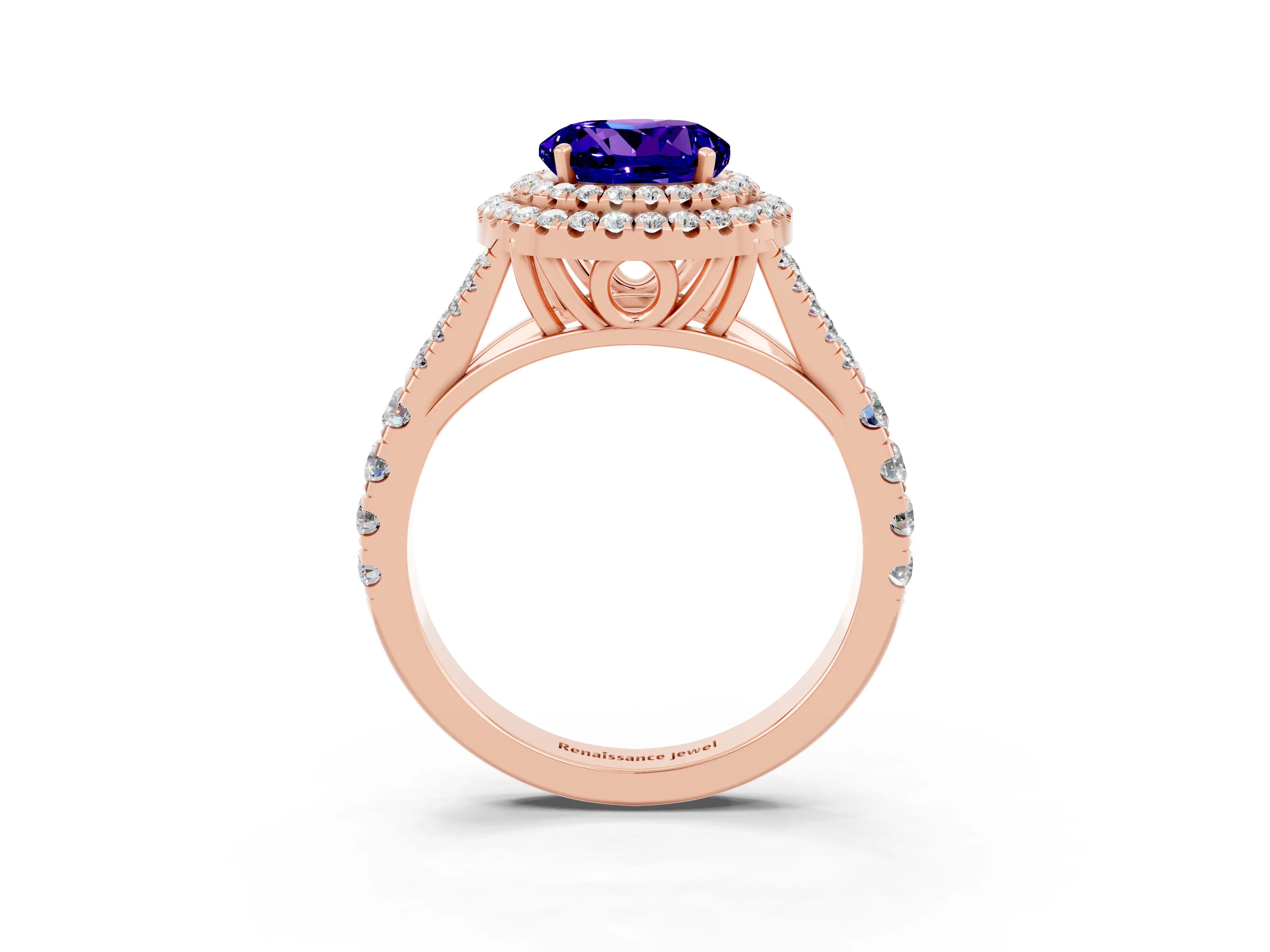 Rose gold Round Cut Tanzanite Double Halo Ring with Split Shank and Prong Setting_15