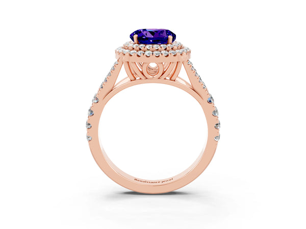 Rose gold Round Cut Tanzanite Double Halo Ring with Split Shank and Prong Setting