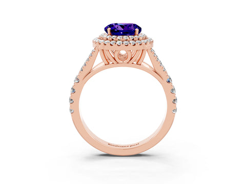 Rose gold Round Cut Tanzanite Double Halo Ring with Split Shank and Prong Setting_15